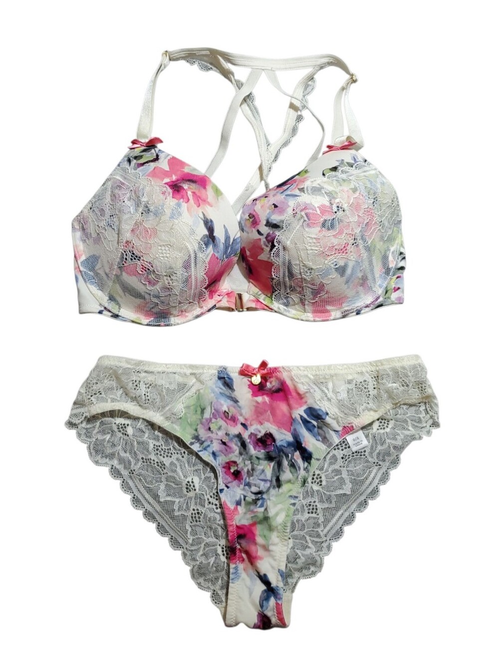 Cacique Cream and Pink Floral Lace Bra Set